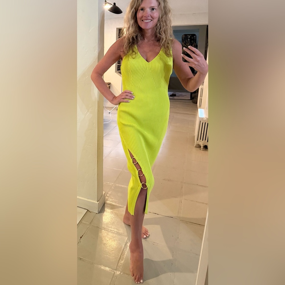 House of Harlow $259 1960 Lime Ribbed Midi Dress M Gold Ring Slit Resort